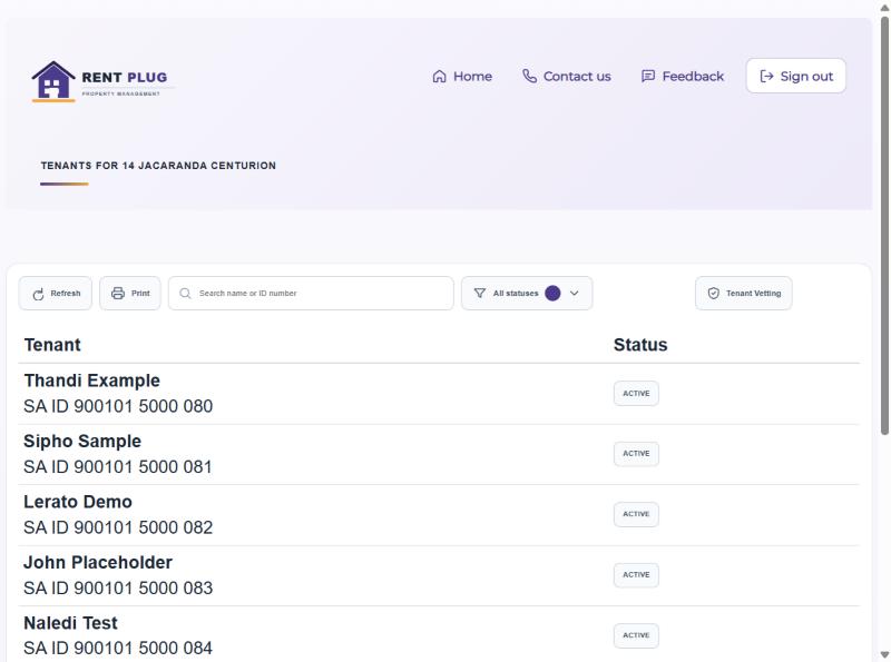 Tenant list with names, ID numbers and status